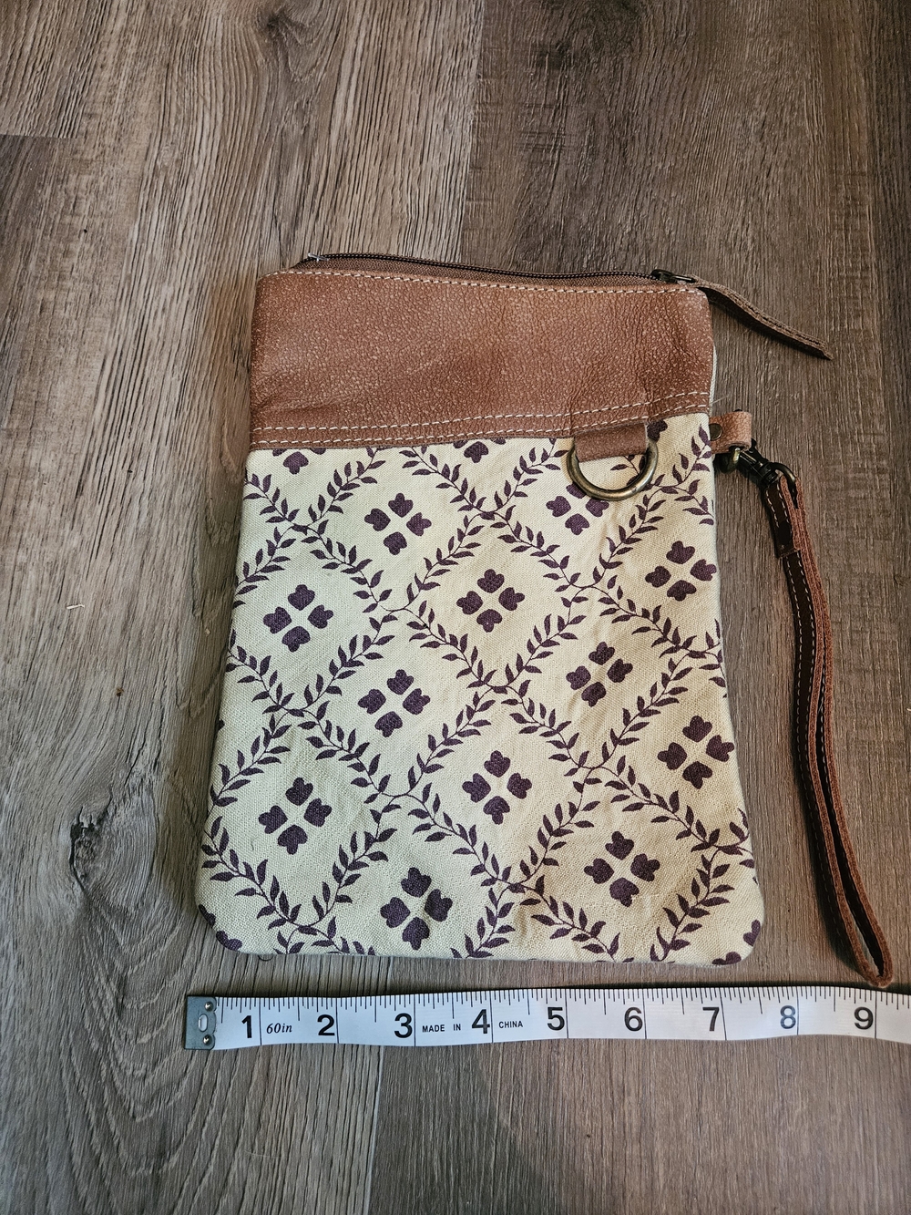 Canvas and Leather Wristlet Crossbody Bag - Cream with Pattern